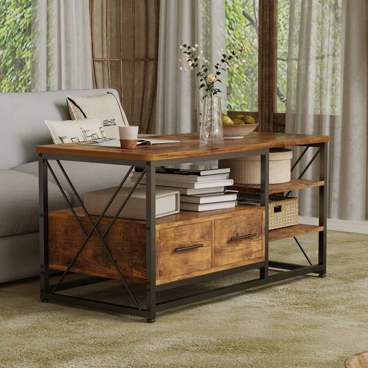 Măsuță de Cafea Loft cu 2 Sertare și Rafturi Stejar Rustic Cadru Metalic Negru 100x55x47 cm