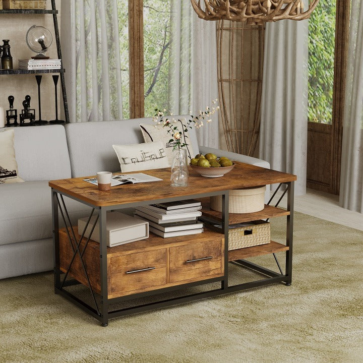 Măsuță de Cafea Loft cu 2 Sertare și Rafturi Stejar Rustic Cadru Metalic Negru 100x55x47 cm