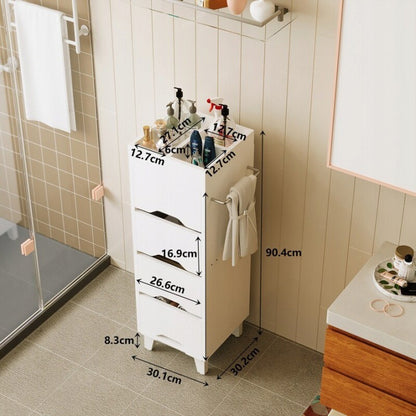 Dulap de Baie Alb 30x30x90 cm cu 4 Sertare Organizator și Suport Prosop