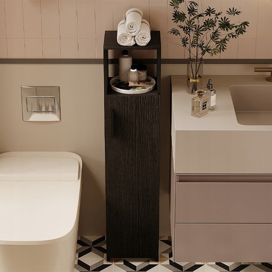 Dulap îngust pentru baie, negru, cu uși înalte și rafturi moderne, 101 cm