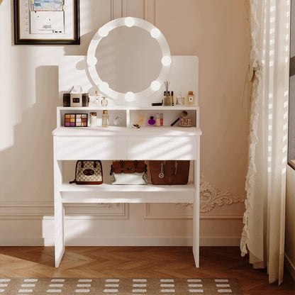 Masă de toaletă albă 80 cm cu oglindă rotundă LED, sertar și rafturi