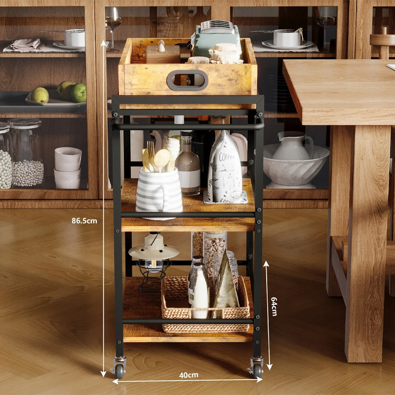 Cărucior de Bucătărie pe Roți Maro 86 cm – Tavă Detașabilă Vintage Loft