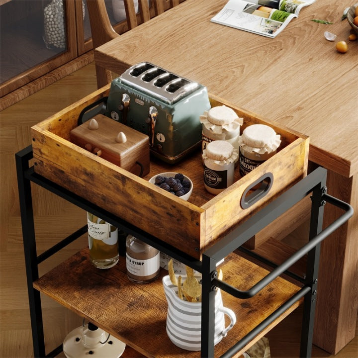 Cărucior de Bucătărie pe Roți Maro 86 cm – Tavă Detașabilă Vintage Loft