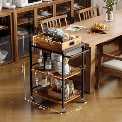 Cărucior de Bucătărie pe Roți Maro 86 cm – Tavă Detașabilă Vintage Loft