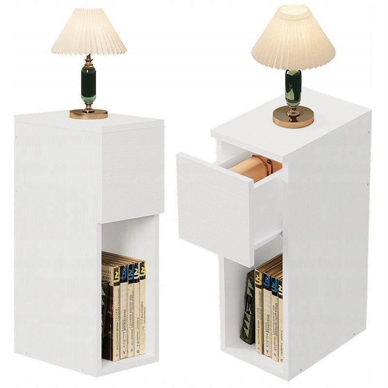 Noptieră albă cu sertar, masă cu raft, stil modern loft pentru dormitor