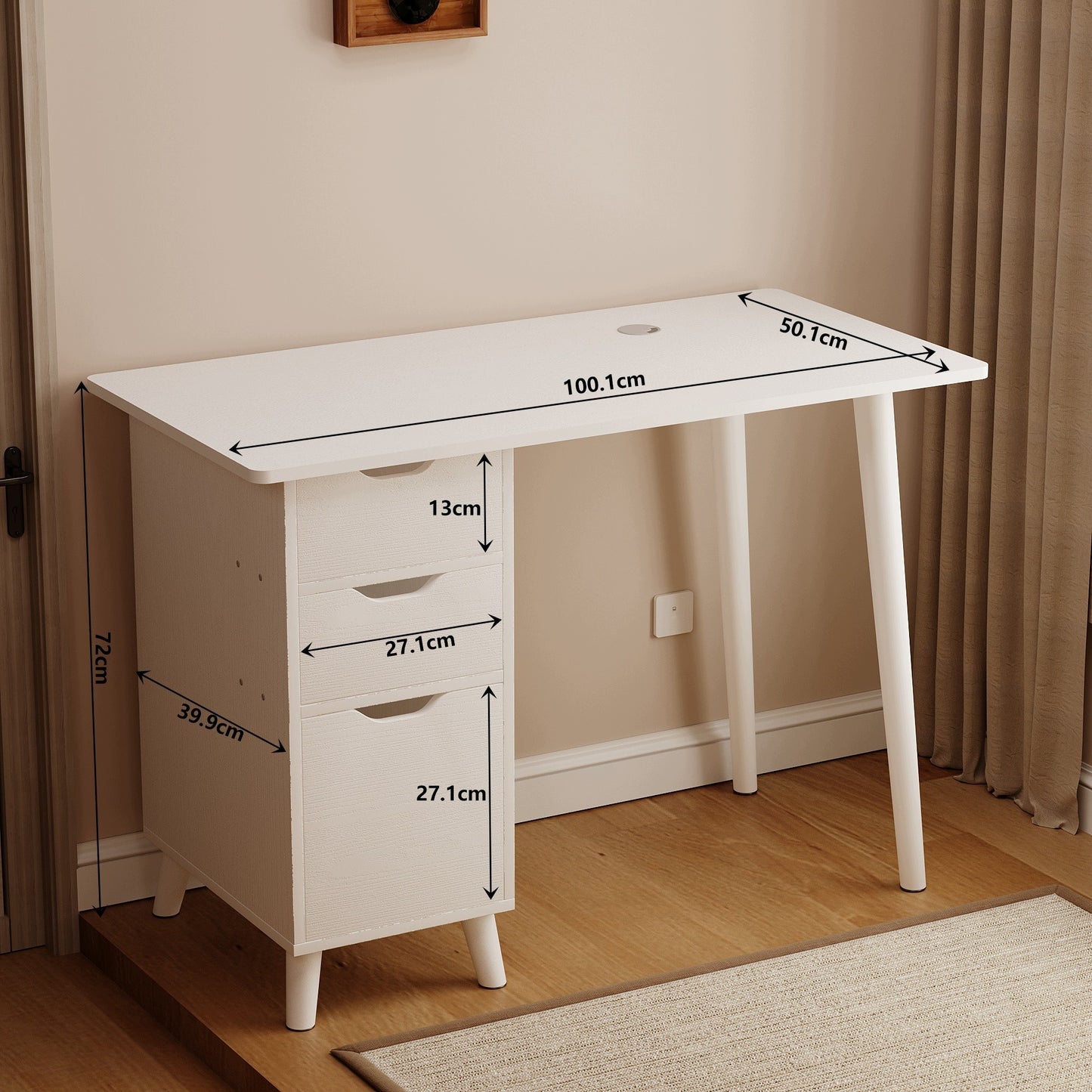 Birou alb pentru computer cu 2 sertare, în stil scandinav, pentru birou de tip loft