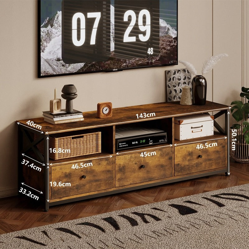 Comodă TV vintage de tip loft cu 3 sertare, maro rustic, 143 cm