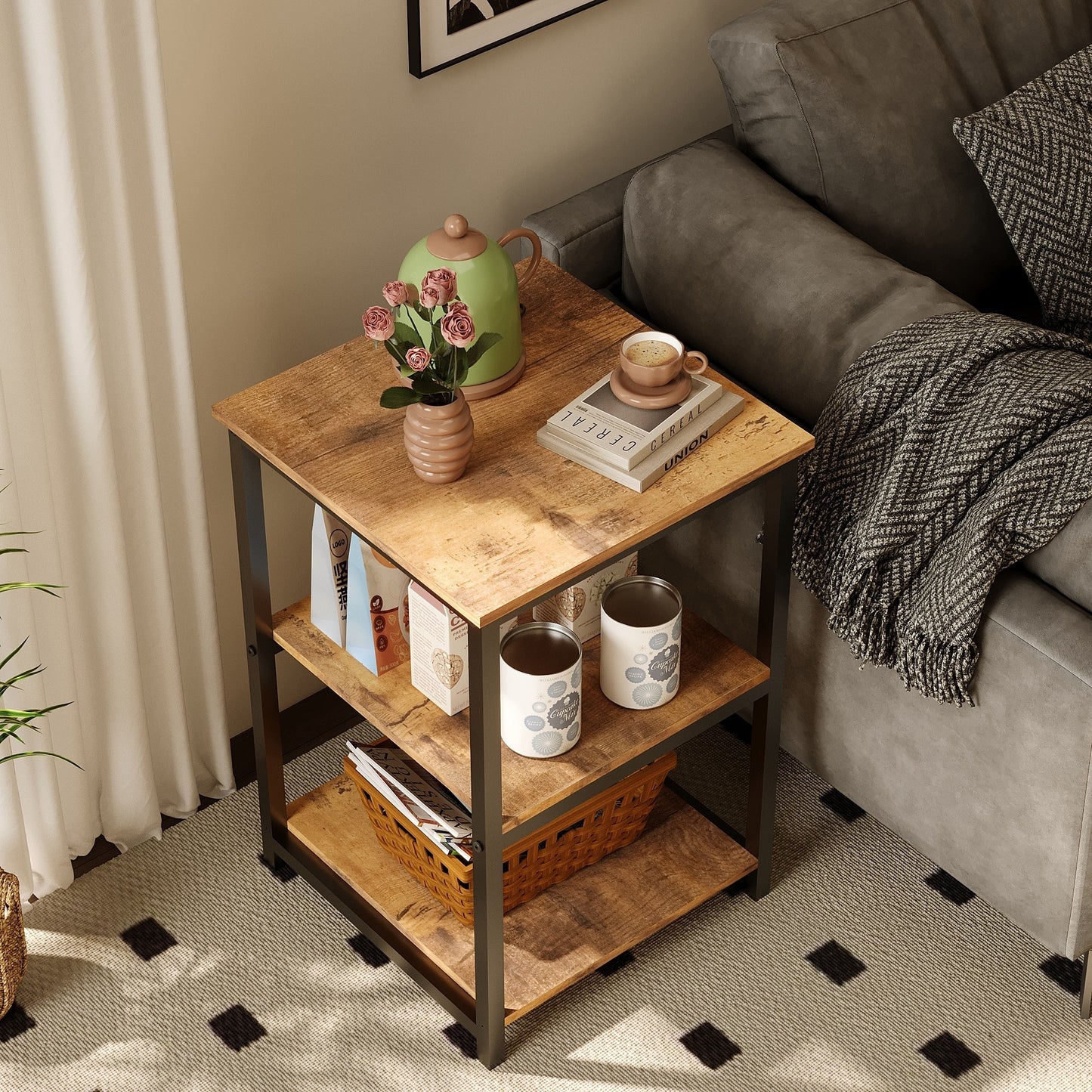 Măsuță de noptieră laterală pentru sufragerie, cu cadru metalic, stil rustic, maro, loft