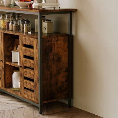 Comodă laterală cu rafturi deschise, maro, cu sertare, în stil retro loft, pentru bucătărie