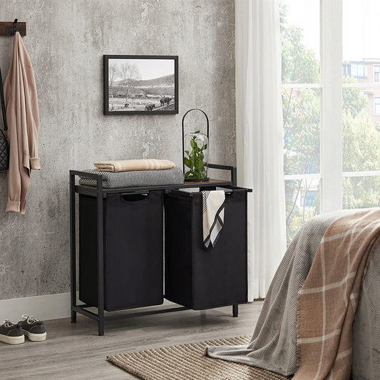 Coș de rufe mare cu două compartimente și raft, suport industrial pentru containere