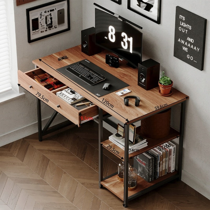 Birou de calculator Loft Industrial Maro Deschis cu Sertar și Rafturi 120cm