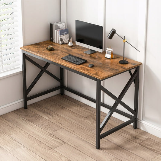 Birou industrial pentru computer, masă maro rustică, cadru metalic, stil loft