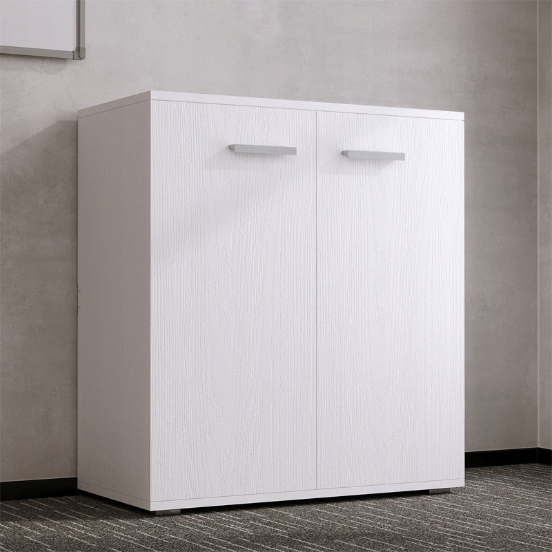 Comodă albă pentru birou/living, corp de etajeră cu 2 uși și 3 rafturi, stil loft, 68 cm