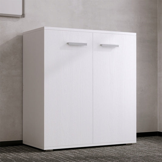 Comodă albă pentru birou/living, corp de etajeră cu 2 uși și 3 rafturi, stil loft, 68 cm