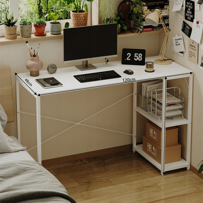 Birou pentru computer, masă loft, alb, modern, cu rafturi industriale