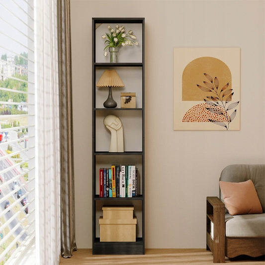 Bibliotecă verticală neagră cu rafturi înalte, dulap modern cu coloană, 182 cm