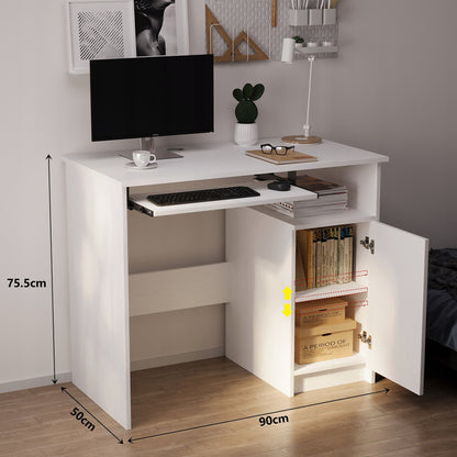 Birou modern pentru computer cu raft pentru tastatură, alb, cu dulap în stil loft