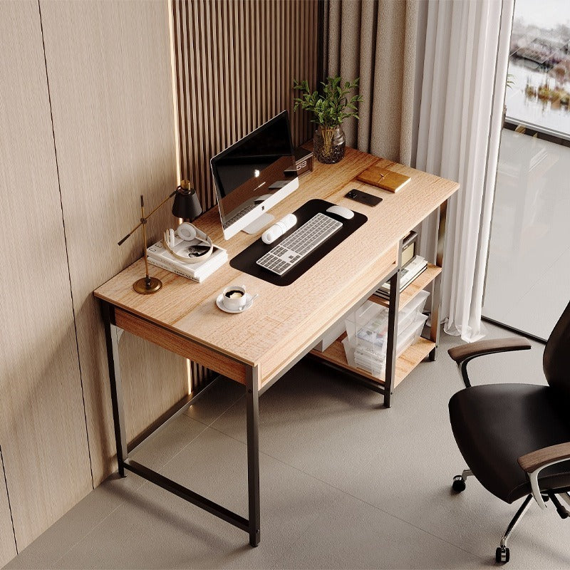 Birou pentru computer în stil industrial loft, cu un sertar și două rafturi, stejar scandinav deschis