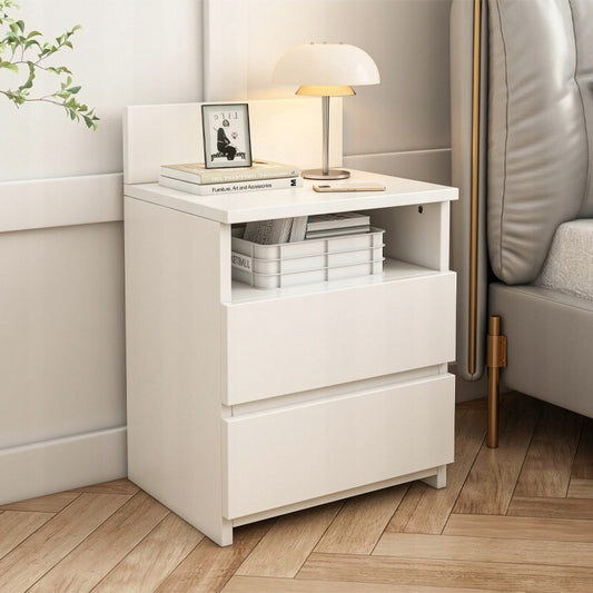 Măsuță de noptieră Alb cu 2 sertare 40 cm - stil loft modern, MDF