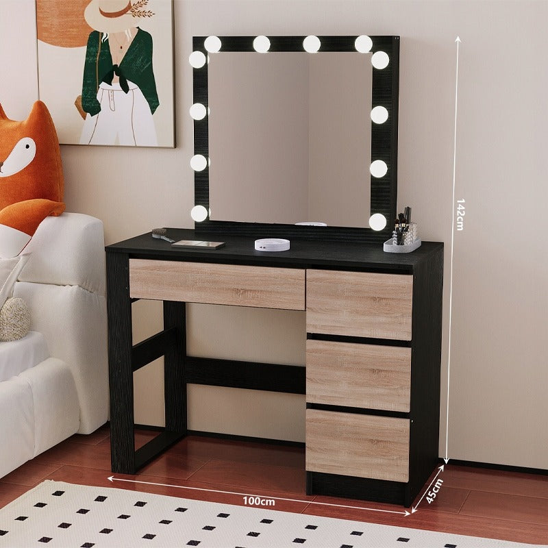 Masă de machiaj modernă, de tip loft, neagră, cu oglindă LED