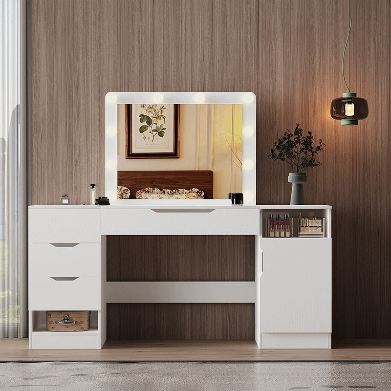 Măsuță de toaletă mare cu oglindă LED, albă, cu sertare pentru machiaj, în stil loft