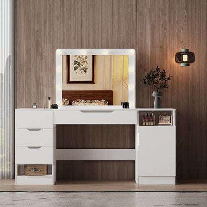 Măsuță de toaletă mare cu oglindă LED, albă, cu sertare pentru machiaj, în stil loft