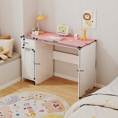 Birou alb cu sertar și dulap pentru fete, cu blat roz, stil loft, spațios