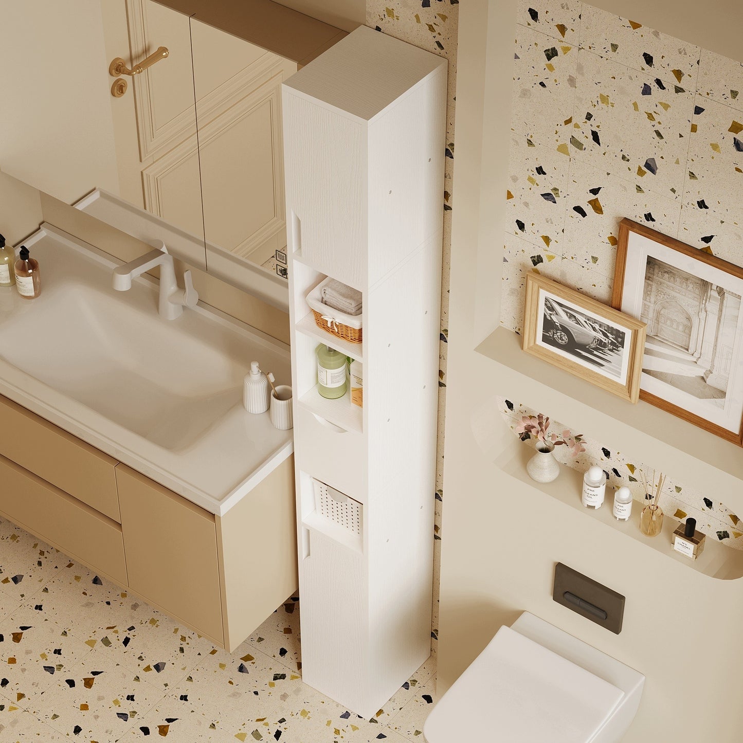Raft de baie în picioare, coloană îngustă, alb, 1 sertar, practic, stil loft