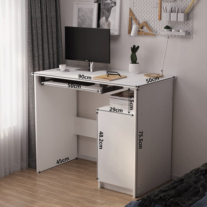 Birou modern pentru computer cu raft pentru tastatură, alb, cu dulap în stil loft