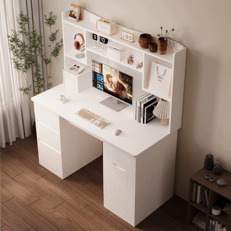Birou modern cu extensie, alb, 4 sertare și rafturi, pentru birou sau cameră de lucru