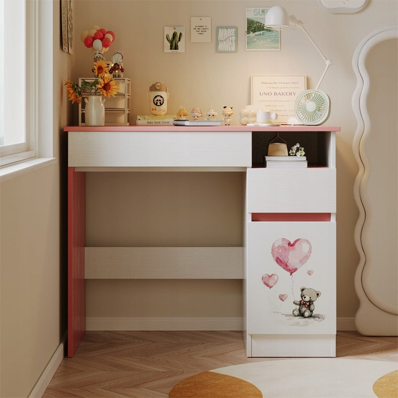 Birou pentru copii cu ursuleț roz pentru fete, stil loft modern, raft și sertar