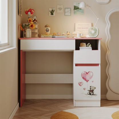 Birou pentru copii cu ursuleț roz pentru fete, stil loft modern, raft și sertar