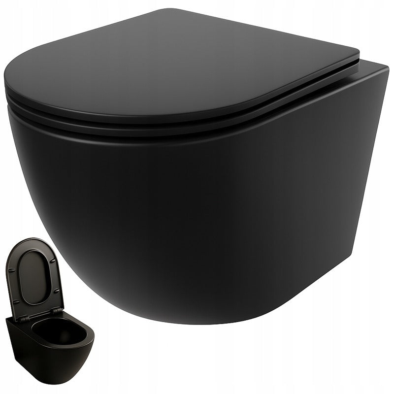 Vas de toaletă negru fără margine, cu capac cu închidere lentă, sistem de spălare Duroplast Vortex