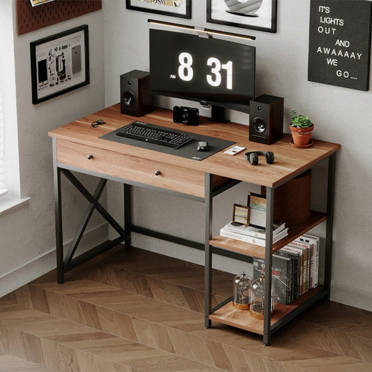 Birou de calculator Loft Industrial Maro Deschis cu Sertar și Rafturi 120cm