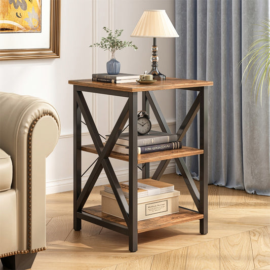 Masă de cafea industrială cu rafturi - 40x40x60 cm, MDF cu efect de lemn îmbătrânit și picioare metalice