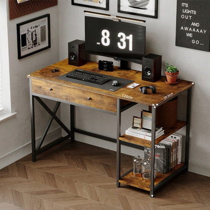 Birou de calculator industrial tip loft, maro rustic, cu sertar și rafturi