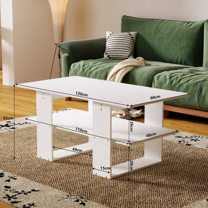 Masă de cafea modernă albă cu raft pentru living, mansardă, mare 120 cm