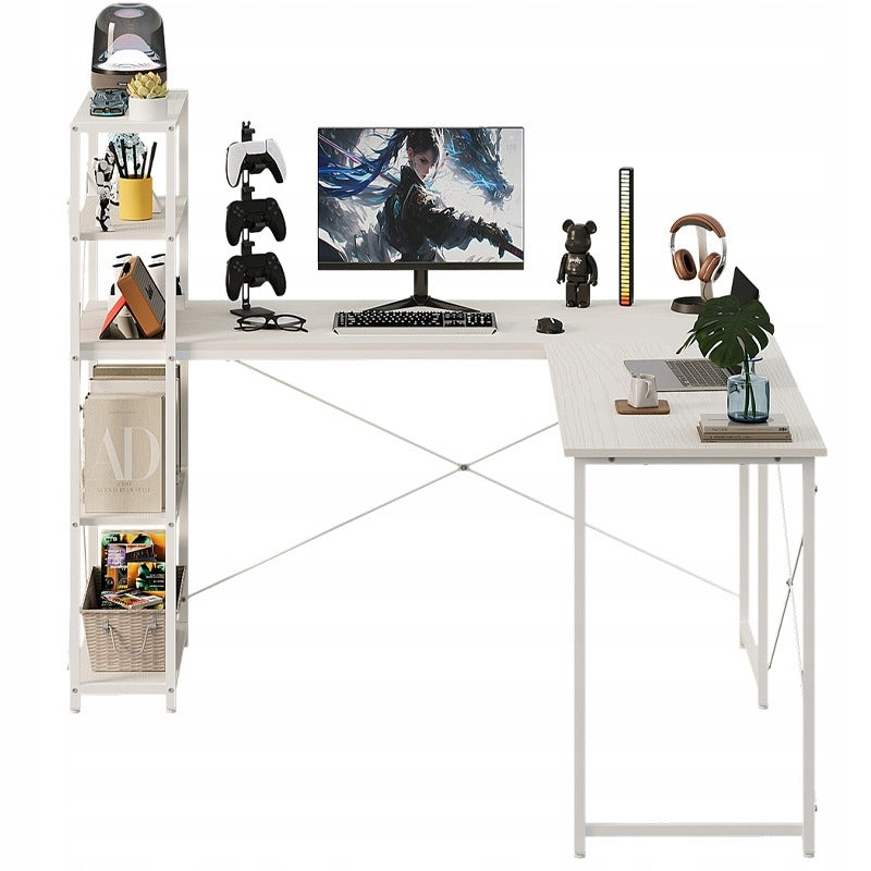 Birou de colț pentru computer cu rafturi și bibliotecă, alb, stil industrial loft, 144 cm