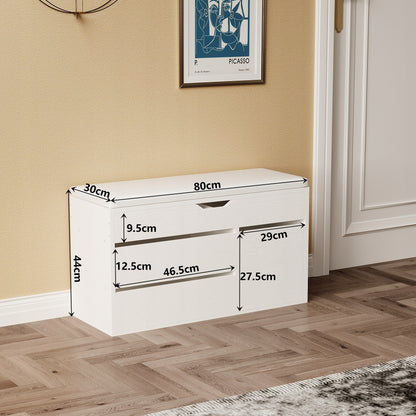 Dulap pentru pantofi cu scaun, din lemn, cu compartiment de depozitare și rafturi, cu ușă, alb, 80 cm