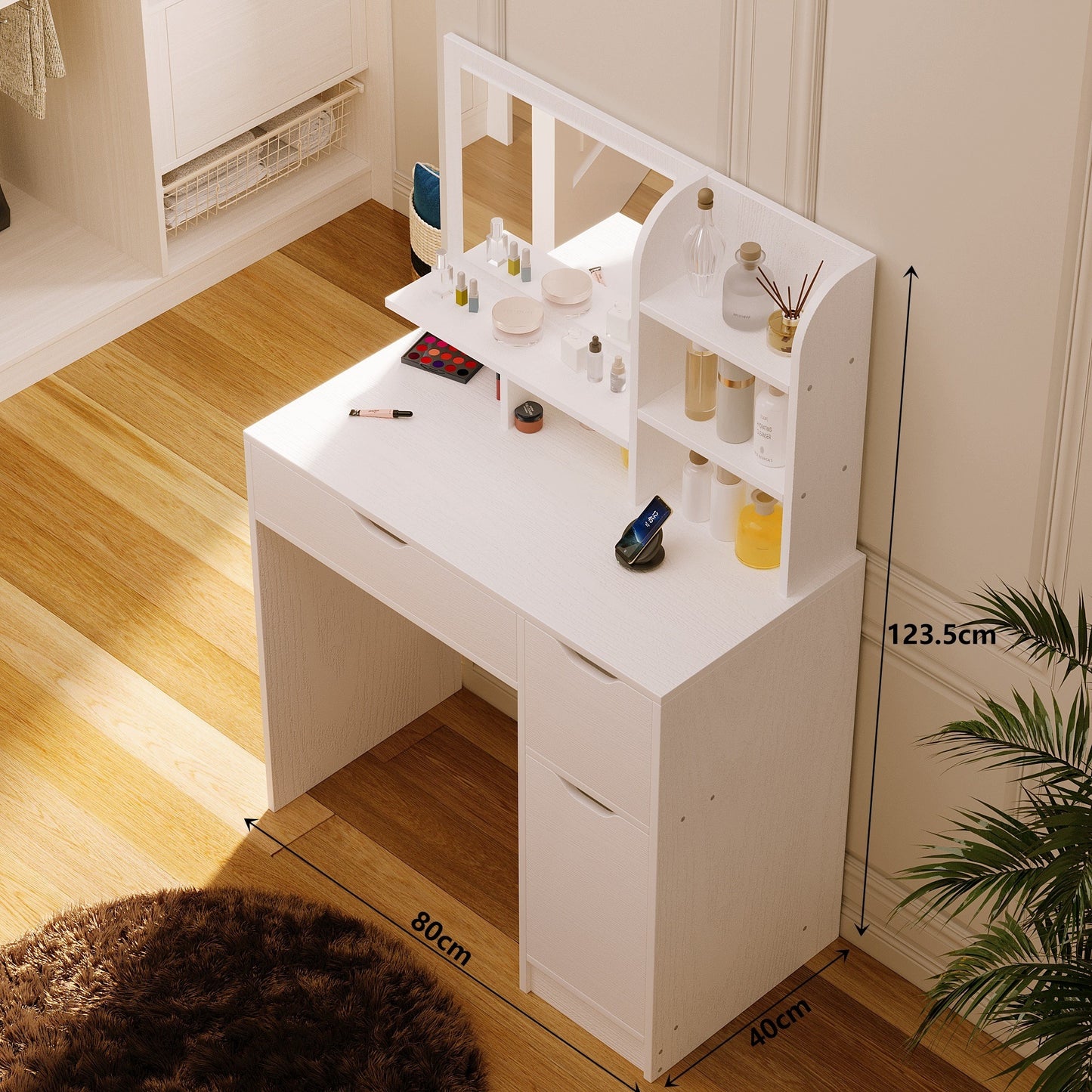 Măsuță de toaletă modernă, albă, cu oglindă și sertare, spațioasă, în stil loft