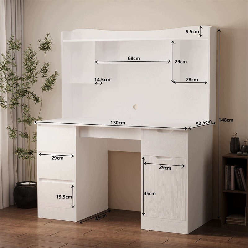 Birou modern cu extensie, alb, 4 sertare și rafturi, pentru birou sau cameră de lucru