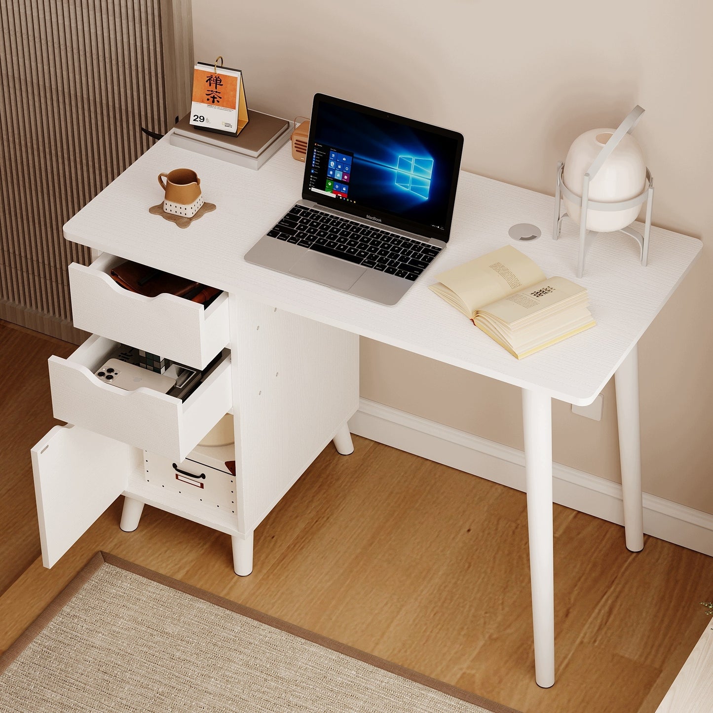 Birou alb pentru computer cu 2 sertare, în stil scandinav, pentru birou de tip loft