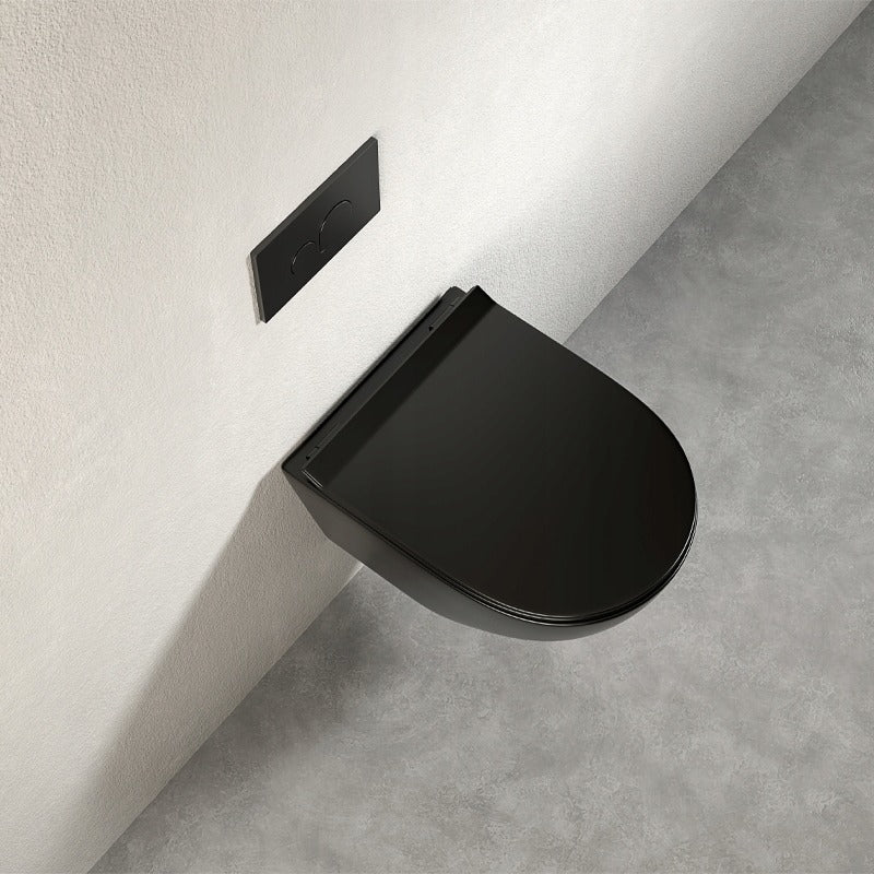 Vas de toaletă negru fără margine, cu capac cu închidere lentă, sistem de spălare Duroplast Vortex