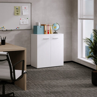 Comodă albă pentru birou/living, corp de etajeră cu 2 uși și 3 rafturi, stil loft, 68 cm