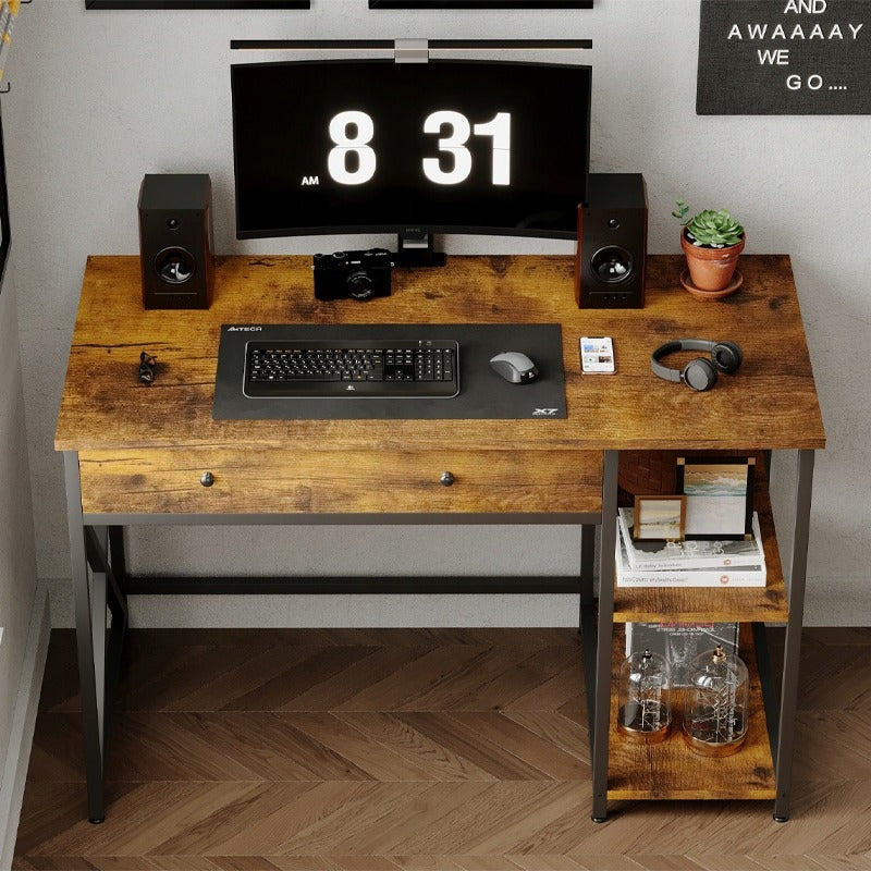 Birou de calculator industrial tip loft, maro rustic, cu sertar și rafturi