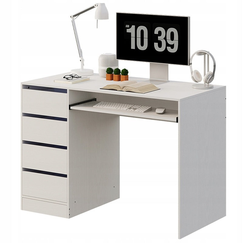 Birou de calculator pentru tineri, alb, cu masă, modern, cu sertare și raft