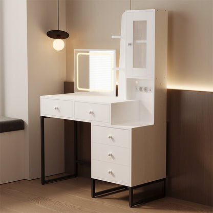 Masă de toaletă modernă, în stil loft, pentru machiaj și cosmetice, cu oglindă LED