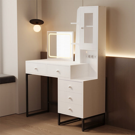 Masă de toaletă modernă, în stil loft, pentru machiaj și cosmetice, cu oglindă LED