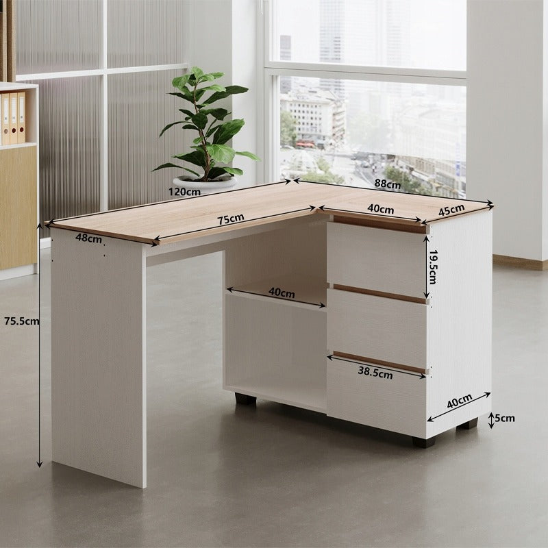 Birou de colț cu raft pentru calculator, 3 sertare, stil loft, modern, 120cm