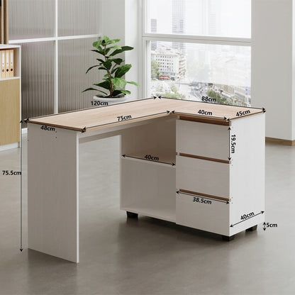 Birou de colț cu raft pentru calculator, 3 sertare, stil loft, modern, 120cm